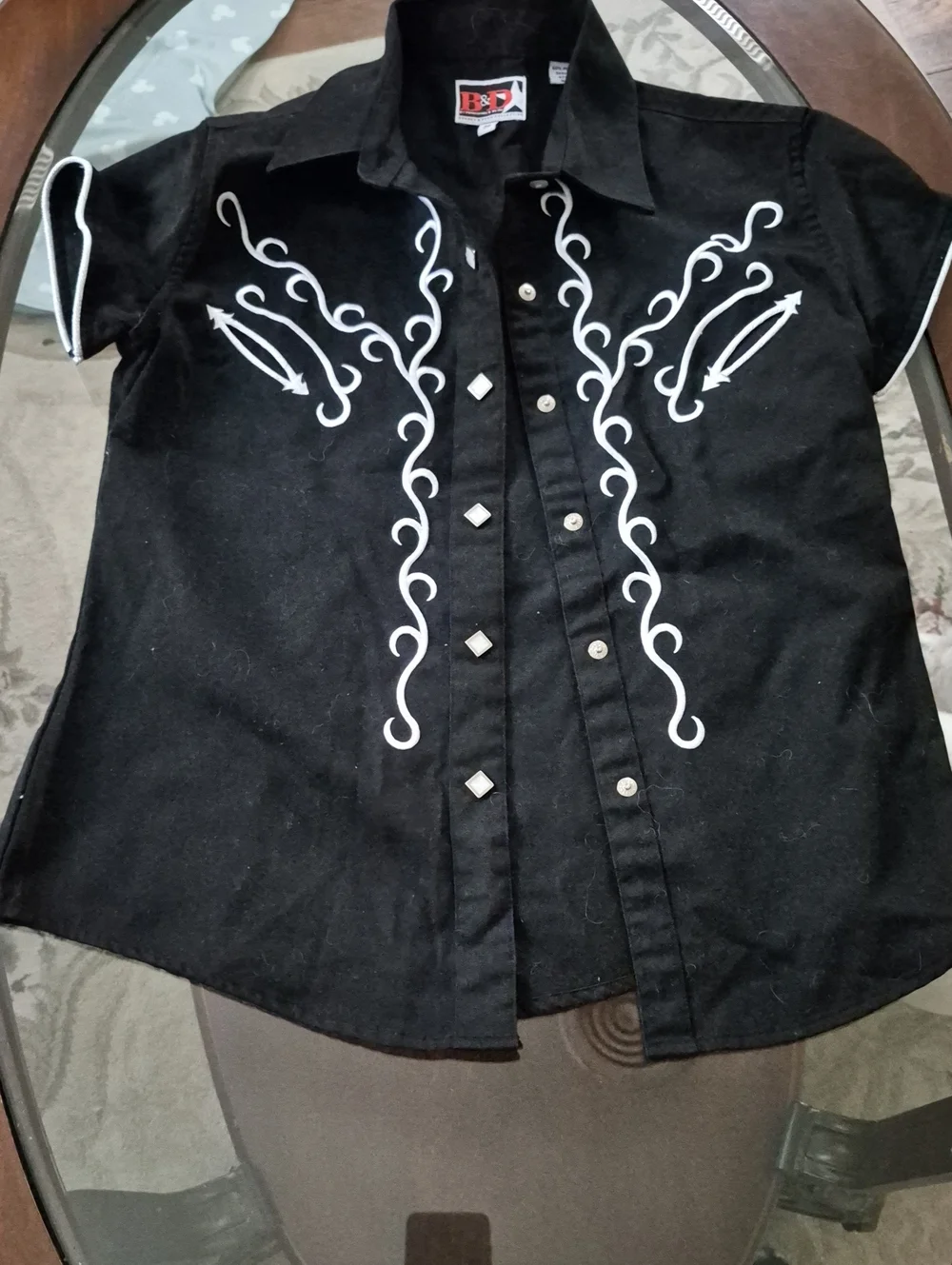 Black Short-Sleeve Embroidered Button-Down Shirt